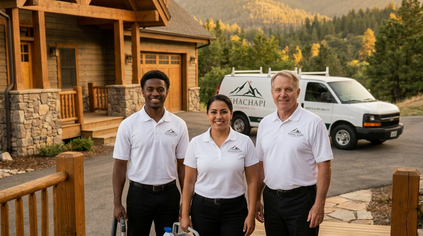 Tehachapi Cleaning Co. pro in uniform in front of our service-area map covering Tehachapi, Stallion Springs, Bear Valley Springs, Golden Hills and Keene