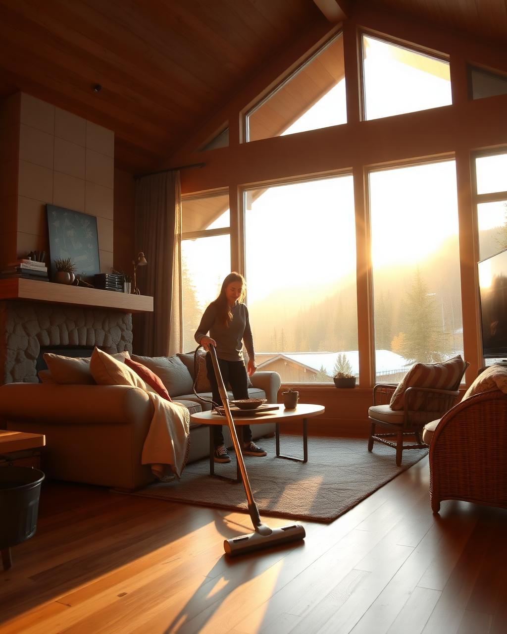 Cleaner vacuuming a Tehachapi mountain home at golden hour